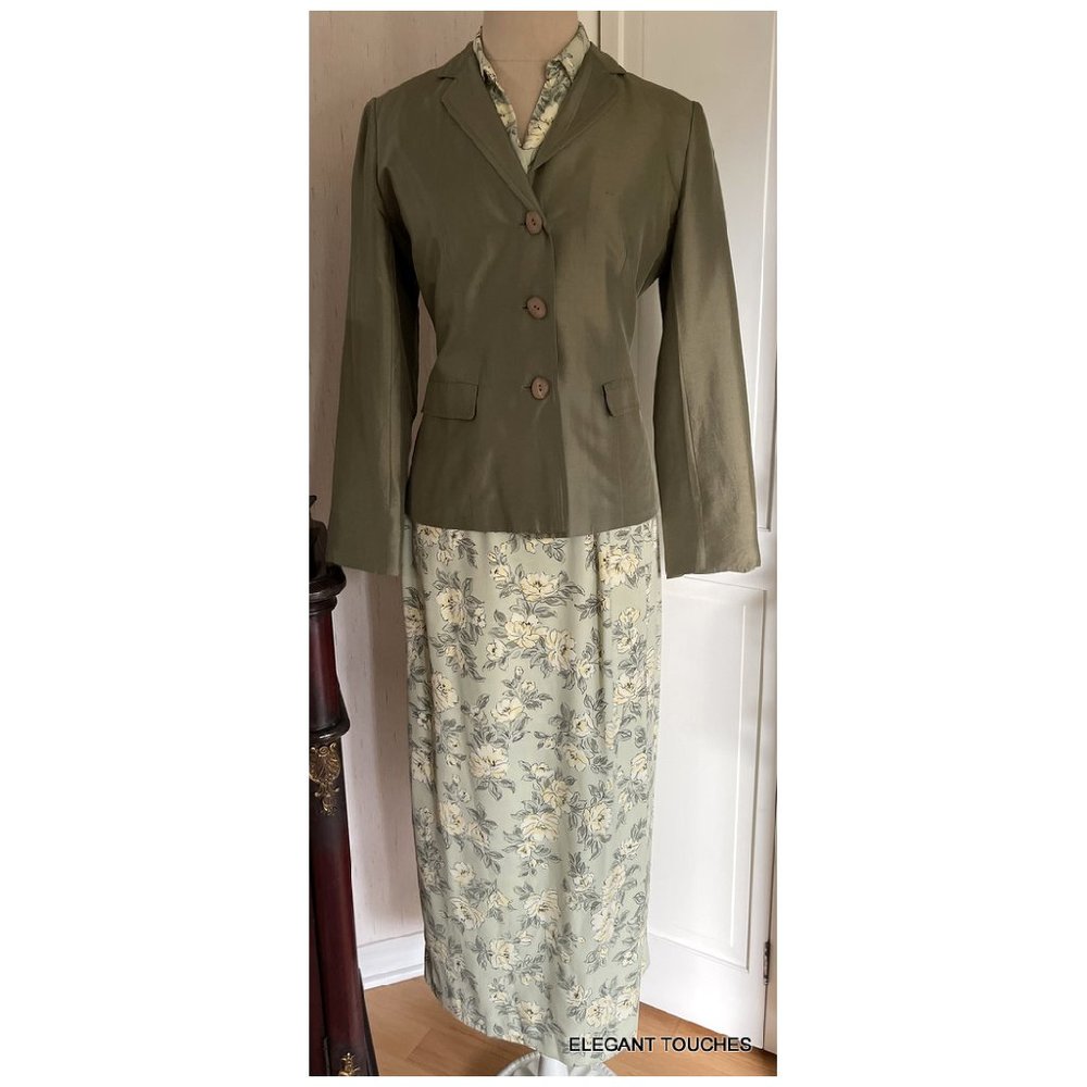 Judith Hart Petites Womens 4P Silk Jacket Top Long Skirt Green Floral 2pc Set